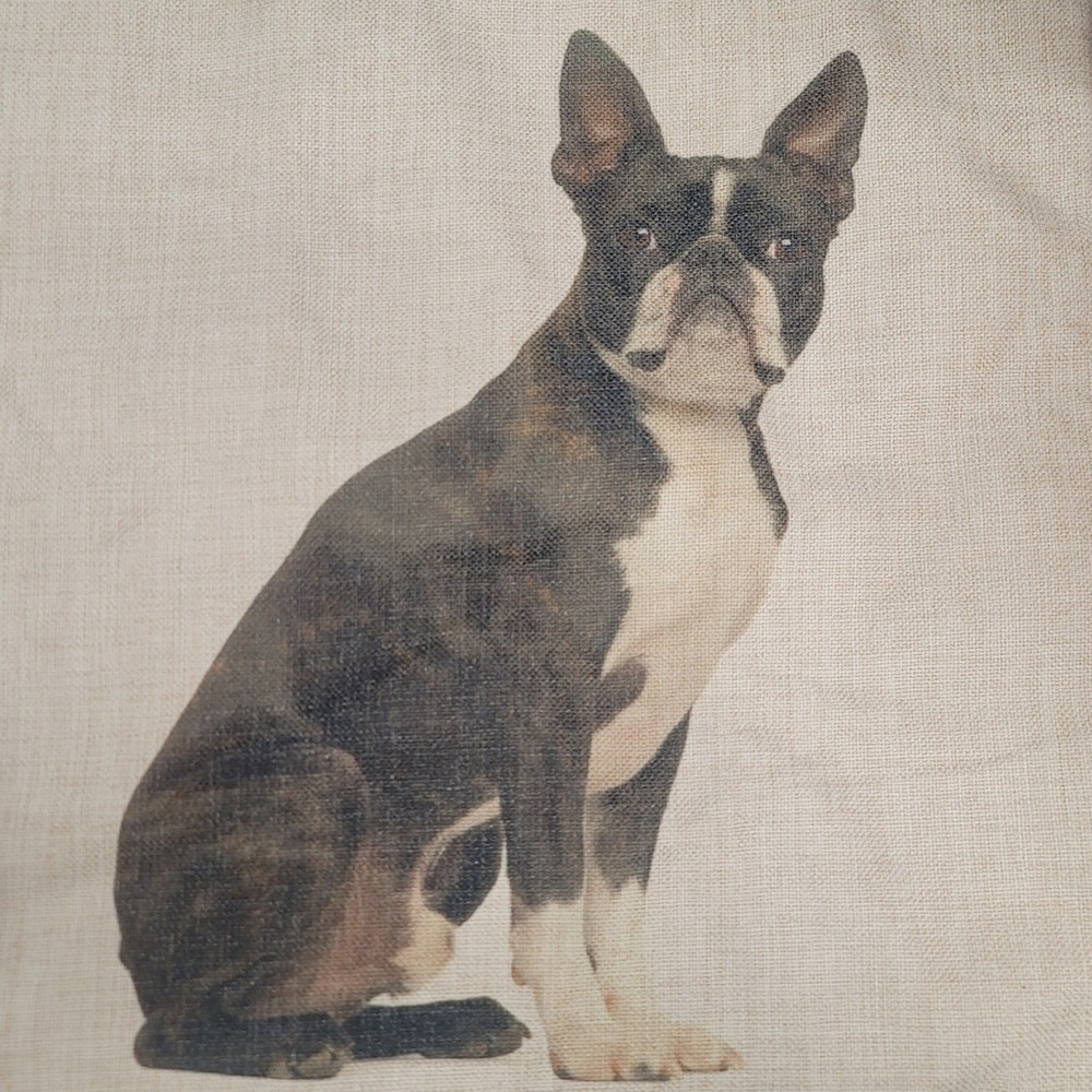 Queenie Boston Terrier Dog Linen Blend Throw Pillow Cover Beige 17.5x17.5 Square
